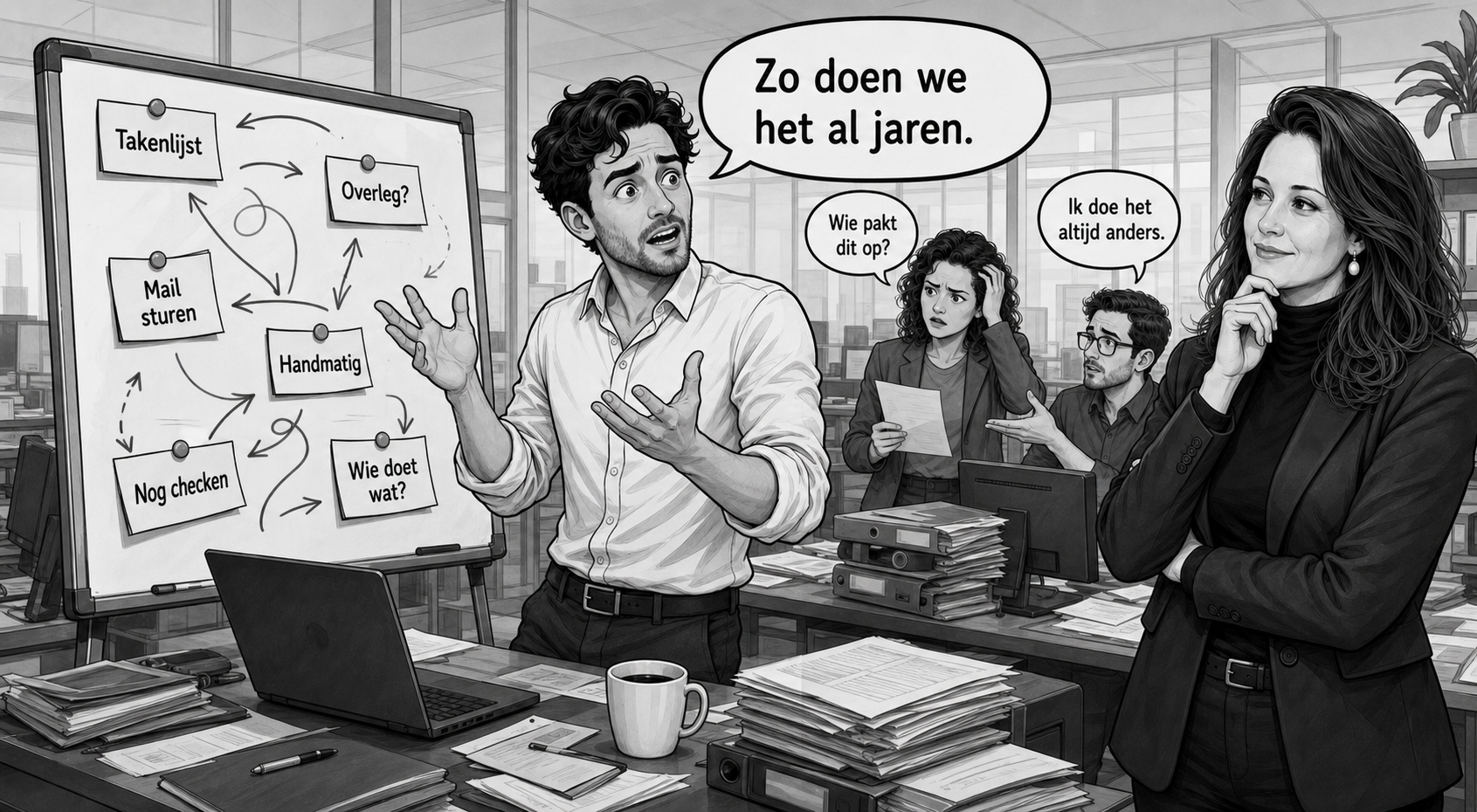 Drie collega's bespreken processen en taken zonder duidelijk overzicht.